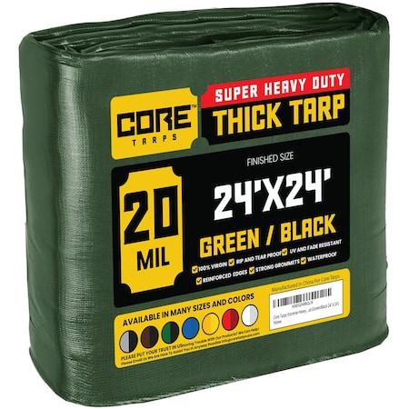 Heavy Duty Tarp, 24 ft L x 0.5 mm H x 24 ft W, 20 Mil, Green/Black, Polyethylene